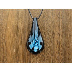16 Inch Sterling Silver & Leather Black And Blue Glass Pendant Necklace